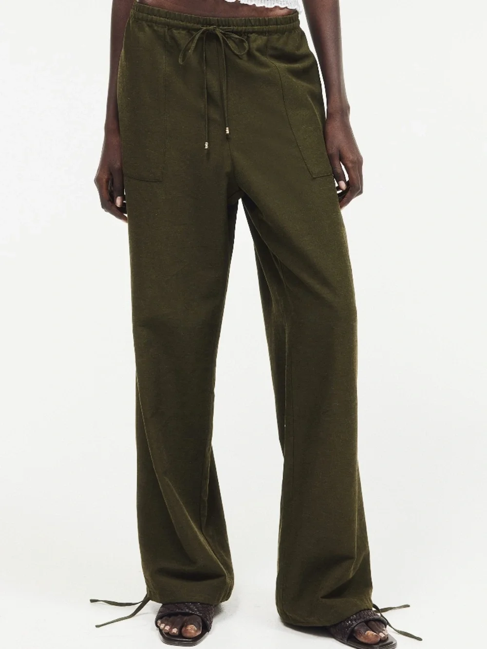NWOT Women's S H&M Linen-Blend Pull-On Pants Dark Khaki Green